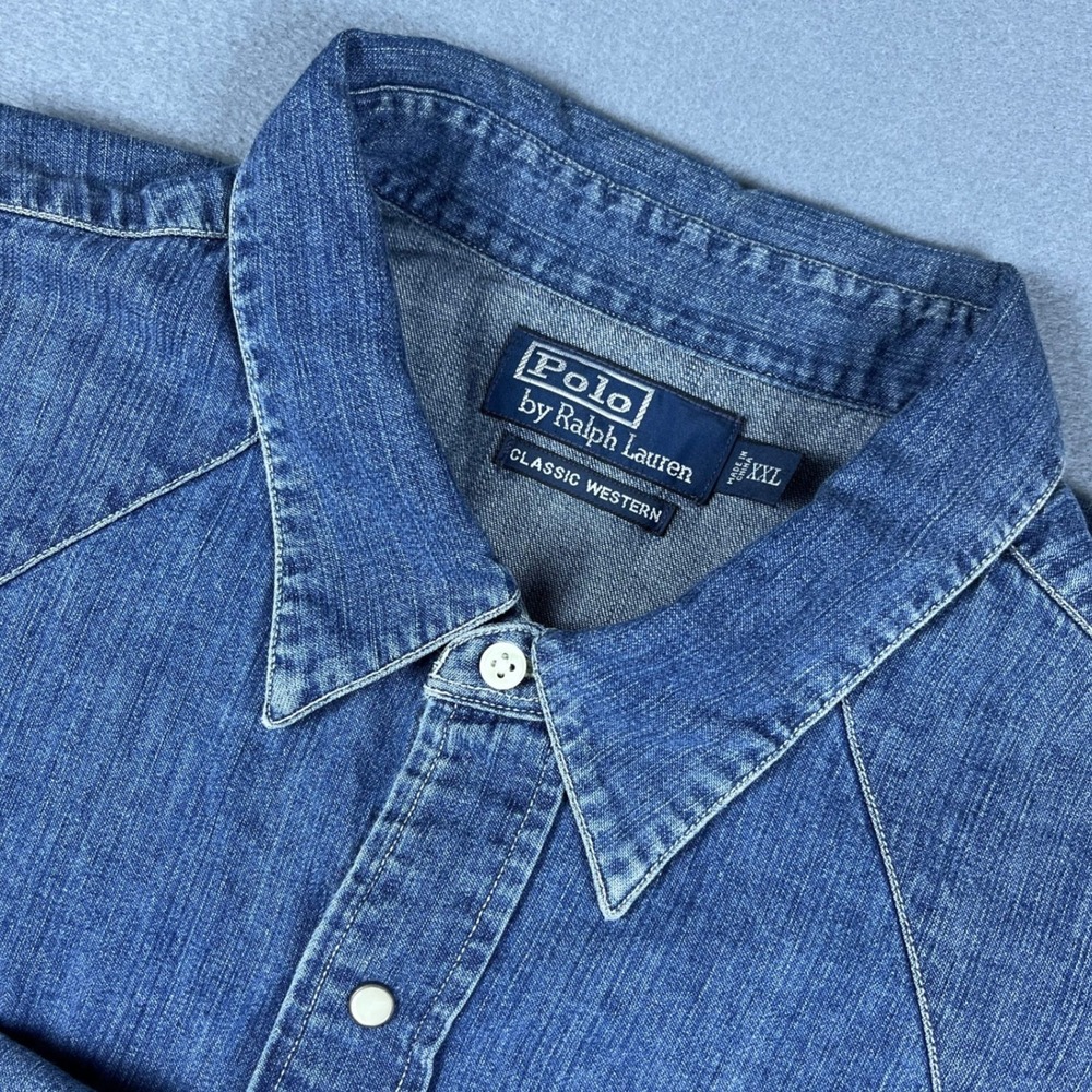 Polo Ralph Lauren Mens XXL Classic Western Denim Shirt Blue Wash Snap Front - Picture 2 of 9